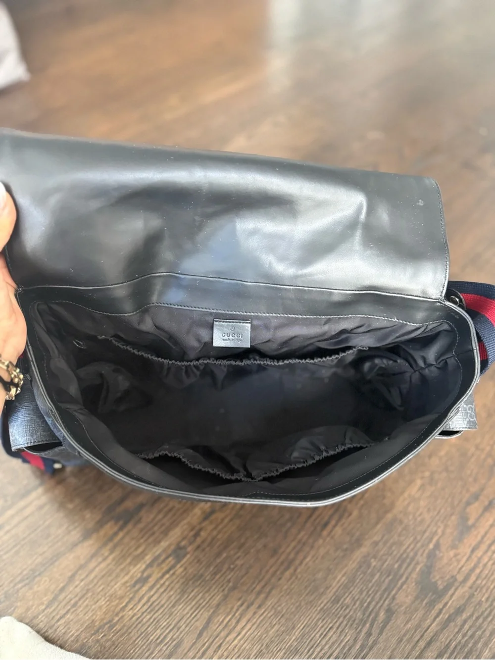 Gucci Black Monogram Diaper Bag with Red and Blue Web Strap